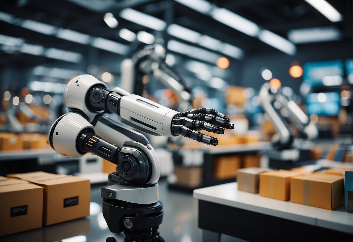 Robotic arms selecting and packaging items in a futuristic store, while AI algorithms analyze customer preferences and suggest personalized products