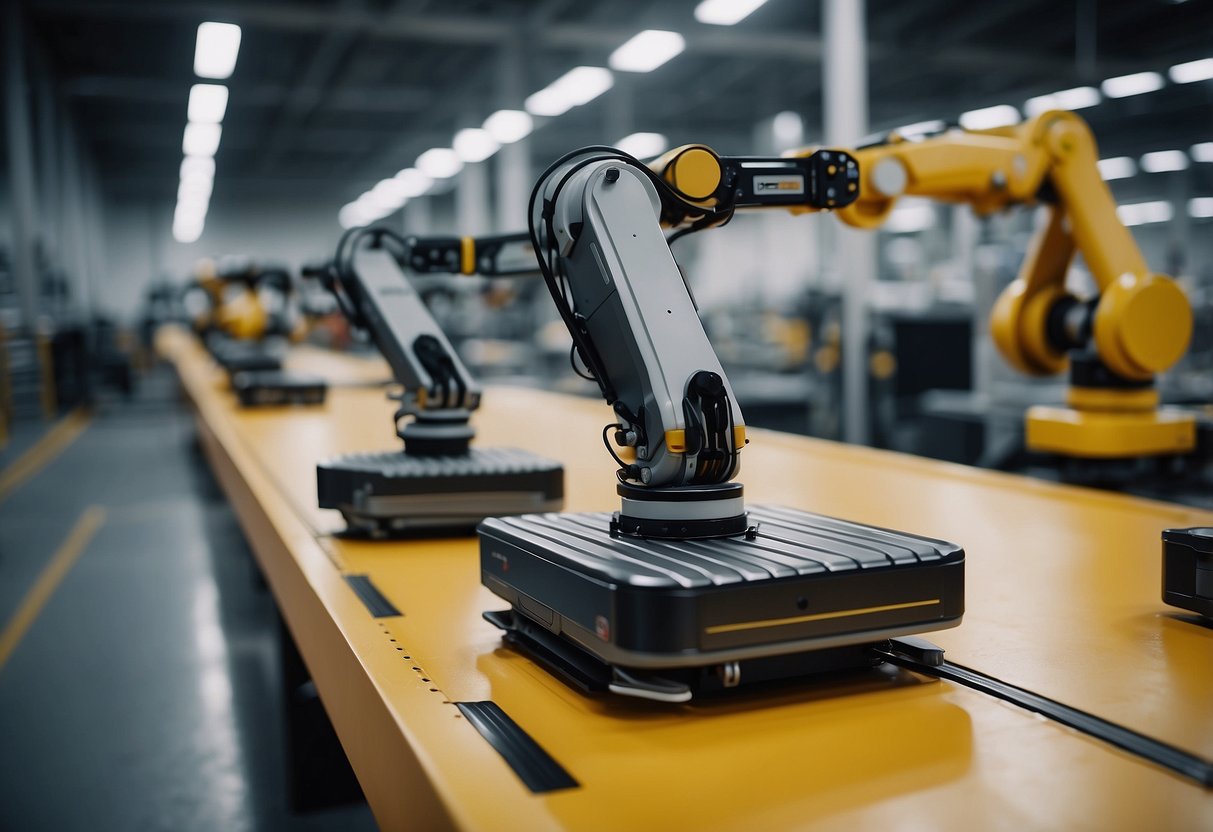 Robotic arms assembling products on a conveyor belt, while drones autonomously navigate a warehouse to retrieve and deliver items