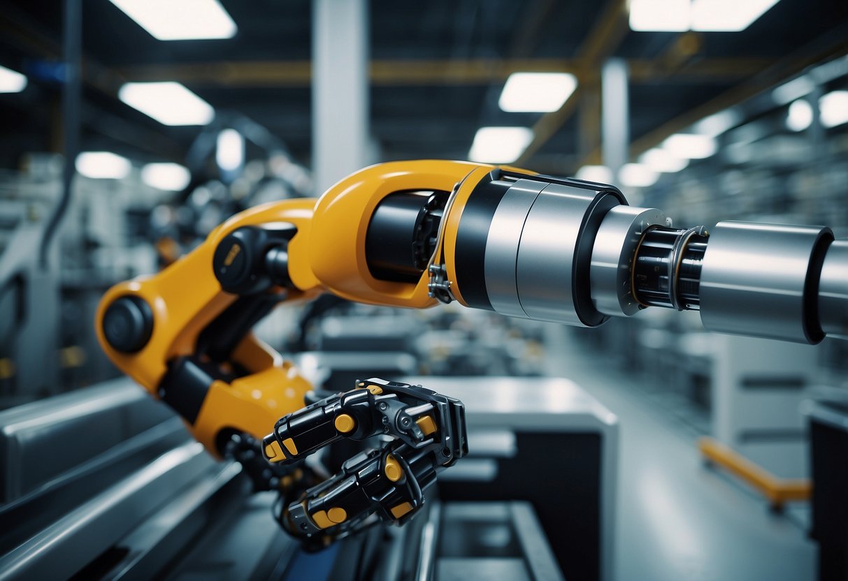 Robotic arms assemble products in a factory. AI software analyzes data for decision-making. Machines operate autonomously, increasing efficiency