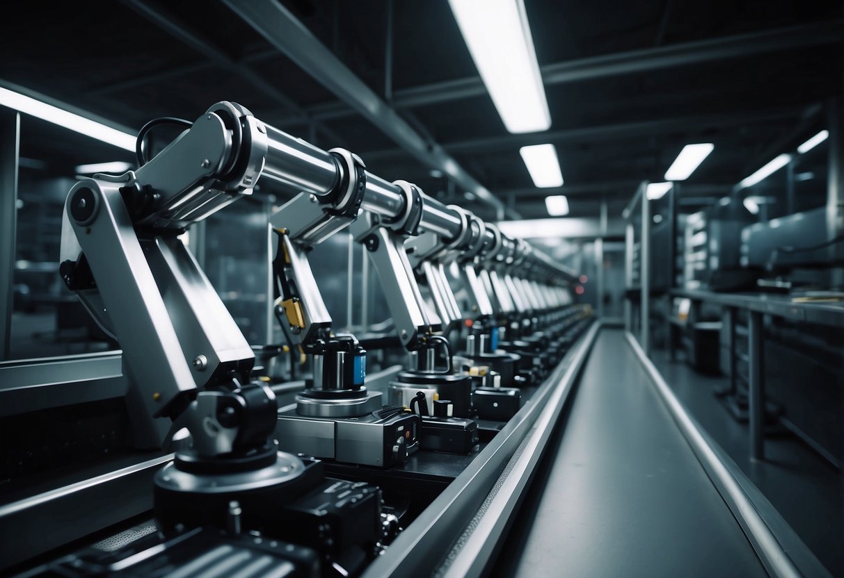 Robotic arms assemble products on a conveyor belt. AI software analyzes data in a control room. Smart machines streamline production processes