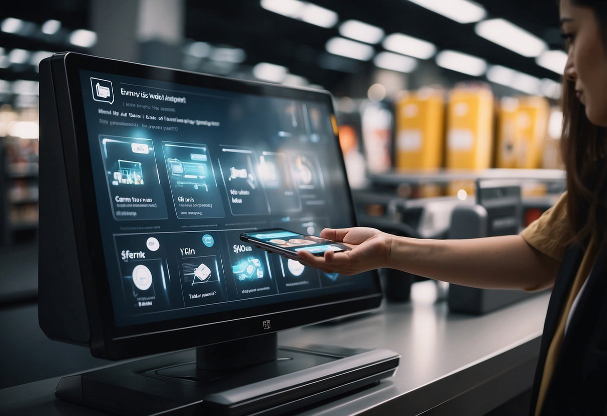 An AI-powered shopping assistant scans products on a screen, suggesting options and providing detailed information to a customer