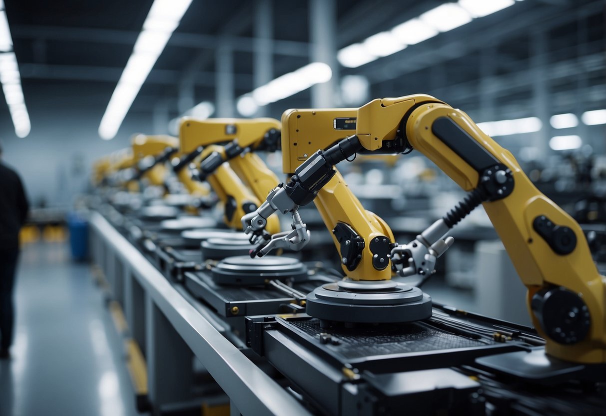 Robotic arms assembling products in a futuristic factory. AI systems monitor and adjust processes for maximum efficiency