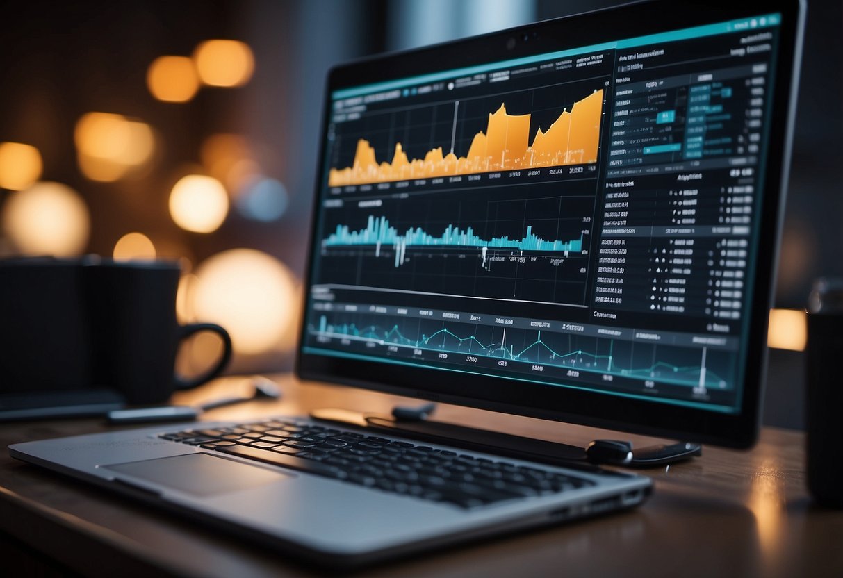 A computer screen displays website analytics charts with increasing numbers, while a progress bar fills up indicating successful automation