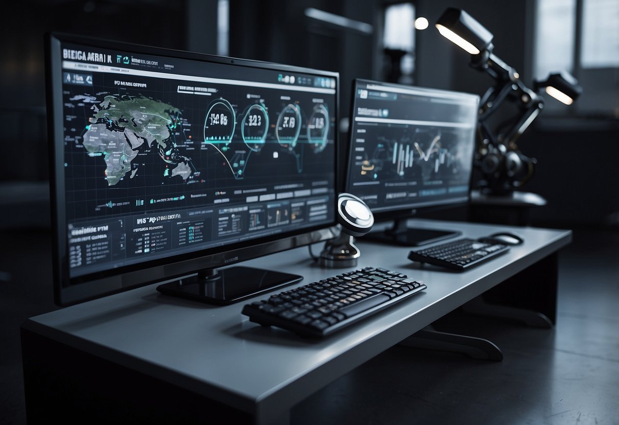 Multiple computer screens displaying website automation tools with various graphs and charts. A robotic arm is seen manipulating the interface