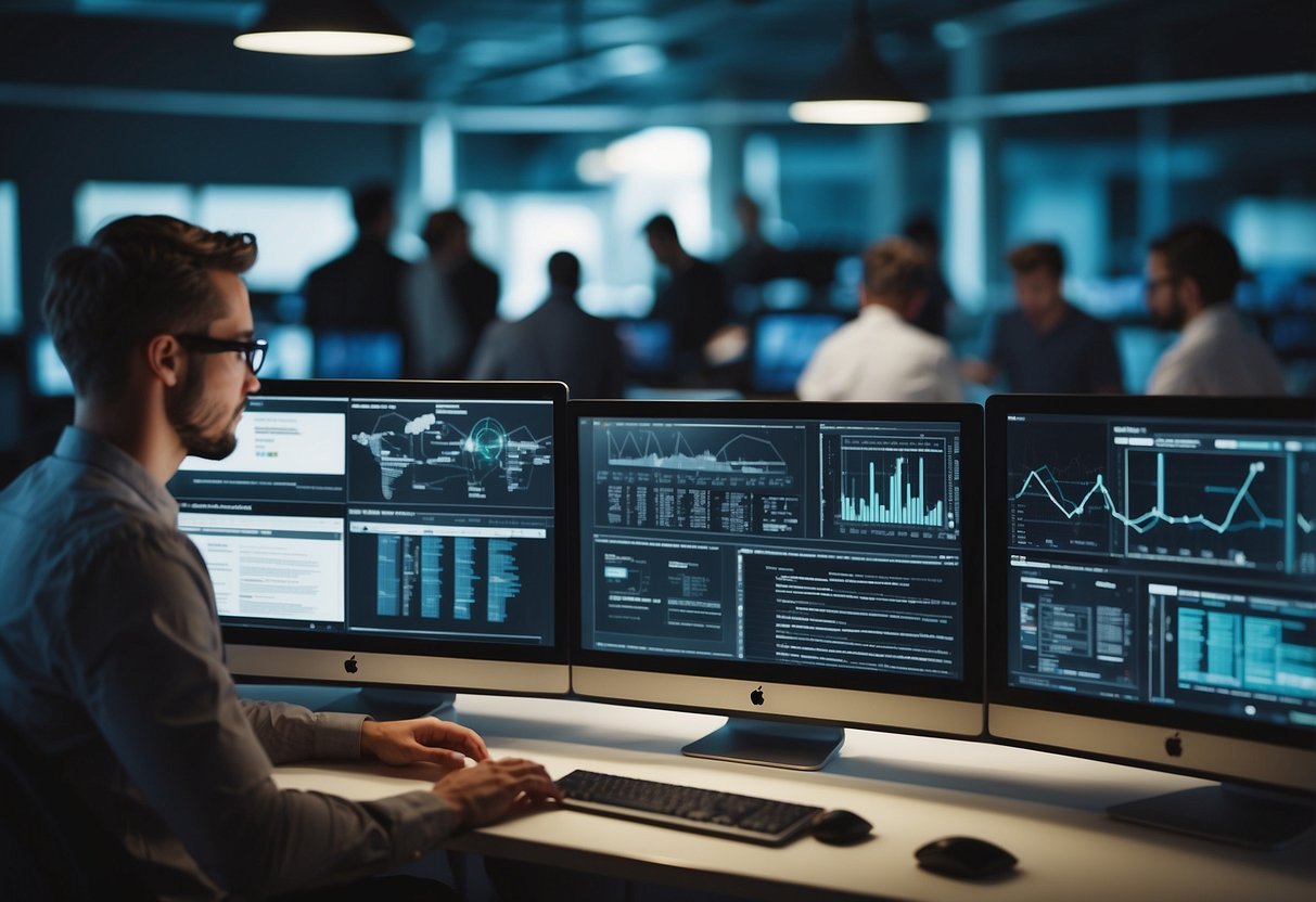 Multiple computer screens showing website automation tools being used simultaneously, with collaborative team members working together to scale the tools for efficient operation