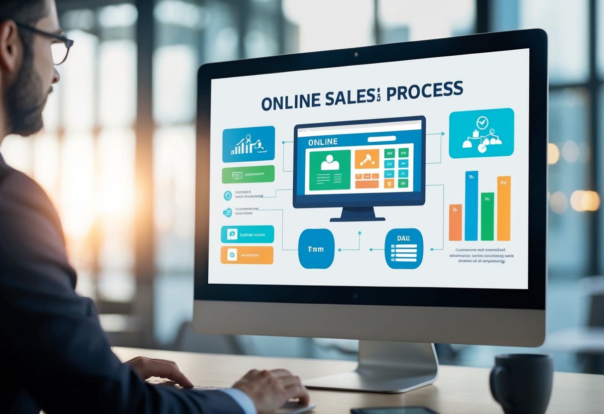 A computer screen displaying an automated online sales process with various buttons, forms, and graphs