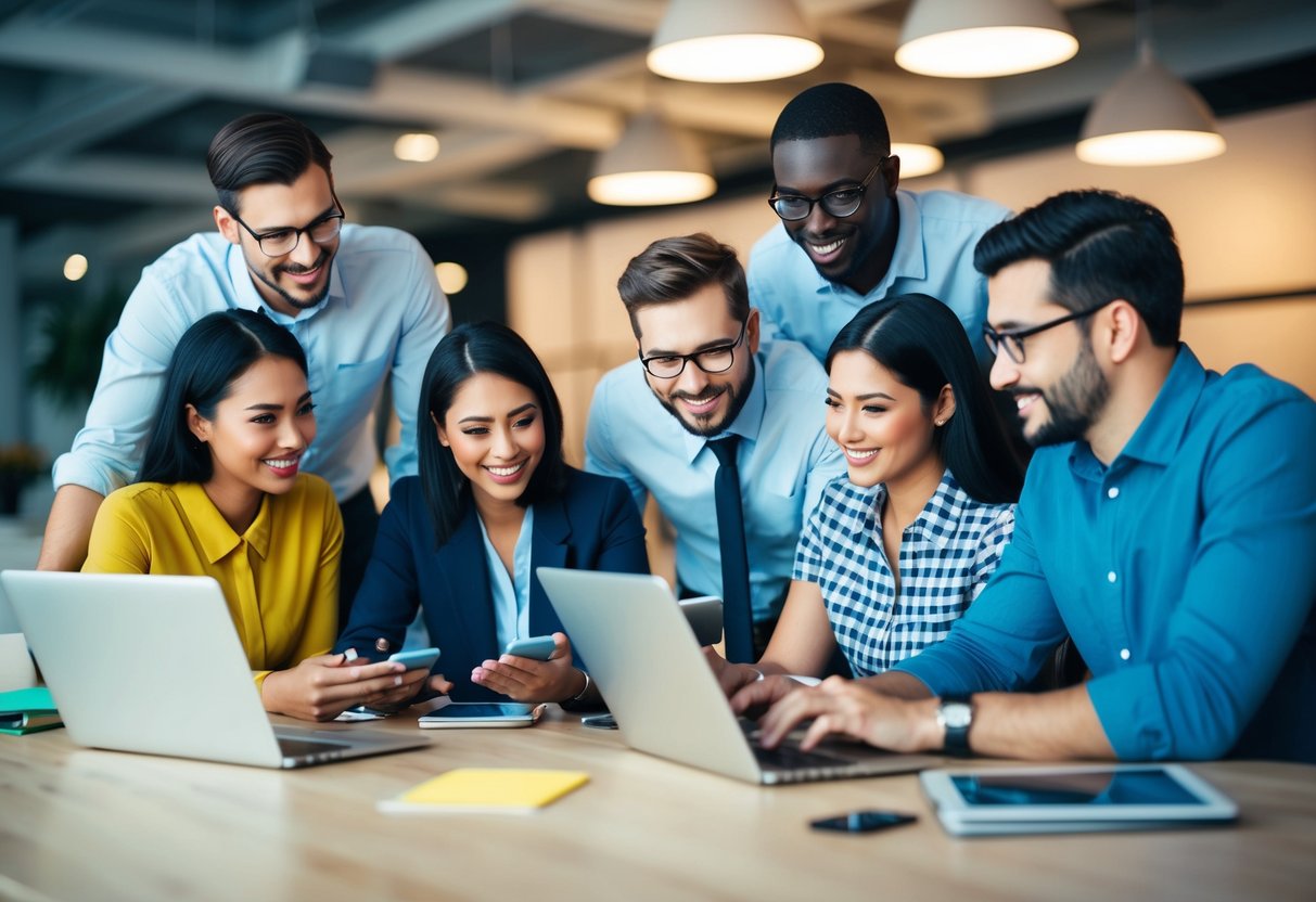 A group of diverse individuals brainstorming and working together on digital devices to streamline and automate online sales processes