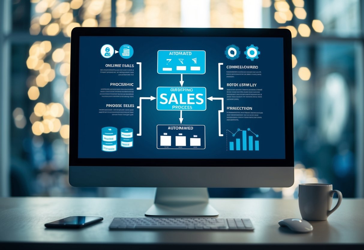 A computer screen displaying a series of interconnected flowcharts and graphs, representing the automated online sales processes