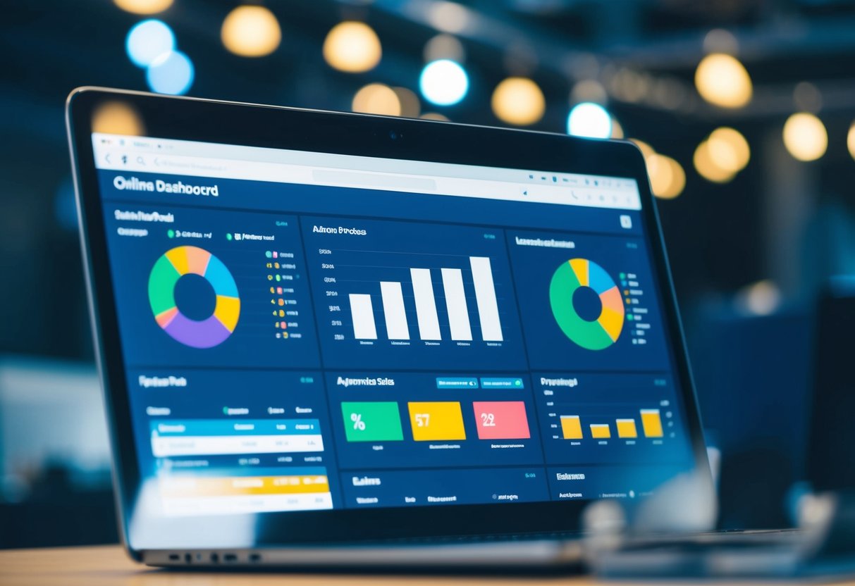 An online sales dashboard with automated processes, data flowing between various platforms, and sales metrics displayed in real-time