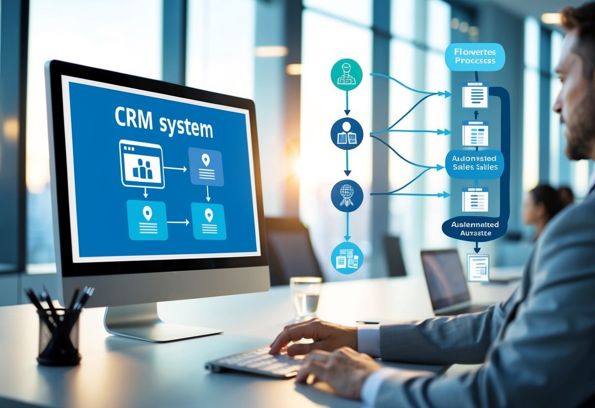 A modern office setting with a computer screen displaying a CRM system, alongside a flowchart of automated sales processes