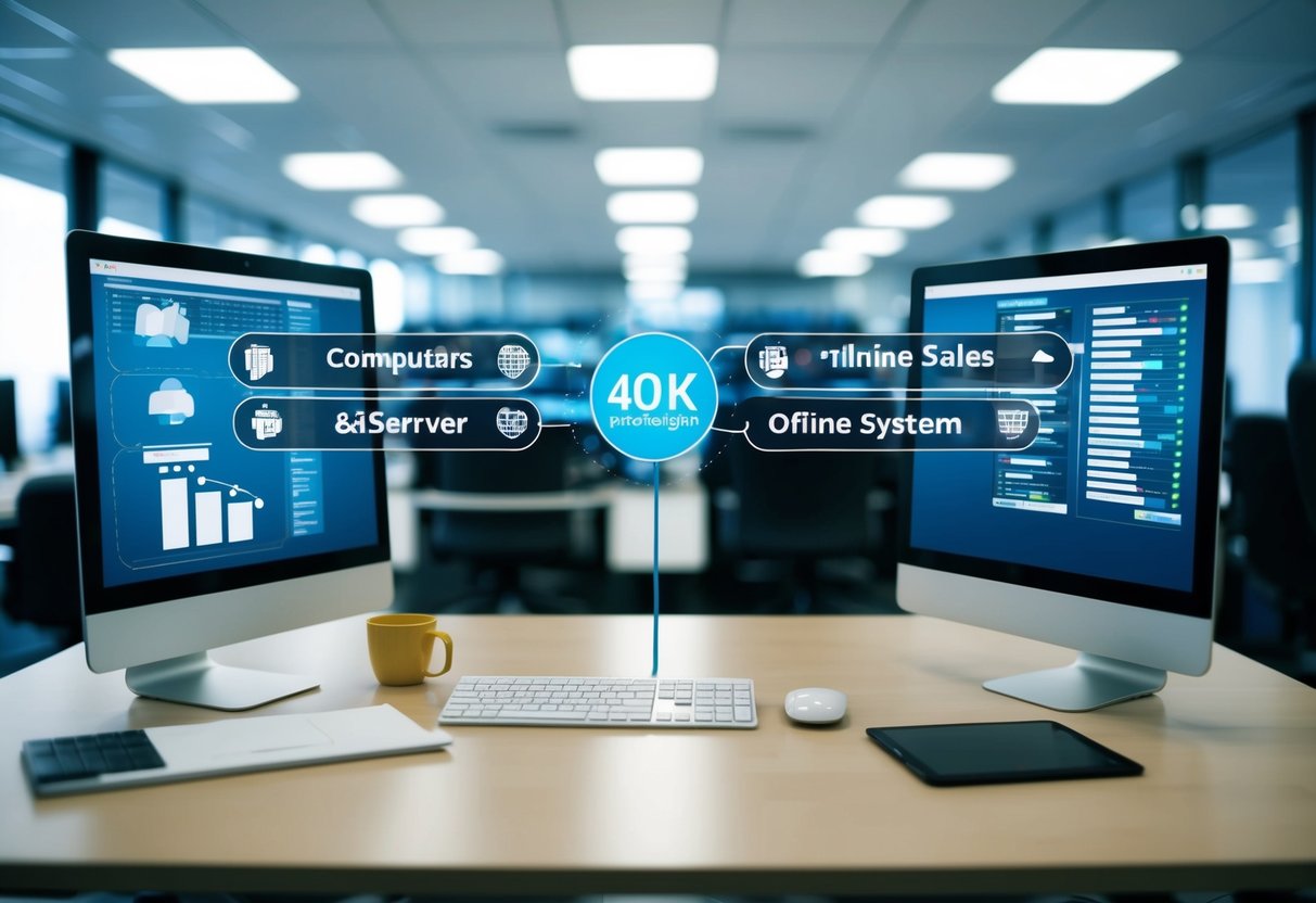 An office setting with computers and servers connected to a centralized system, with data flowing seamlessly between different departments to facilitate online sales processes