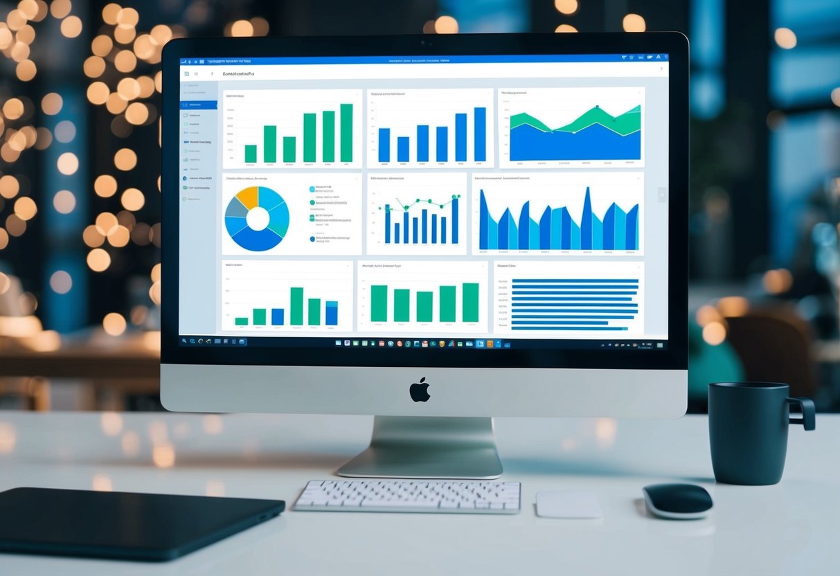 A computer screen displaying a dashboard of software tools, with various automated processes for online sales visible. Graphs and charts show data analysis and optimization