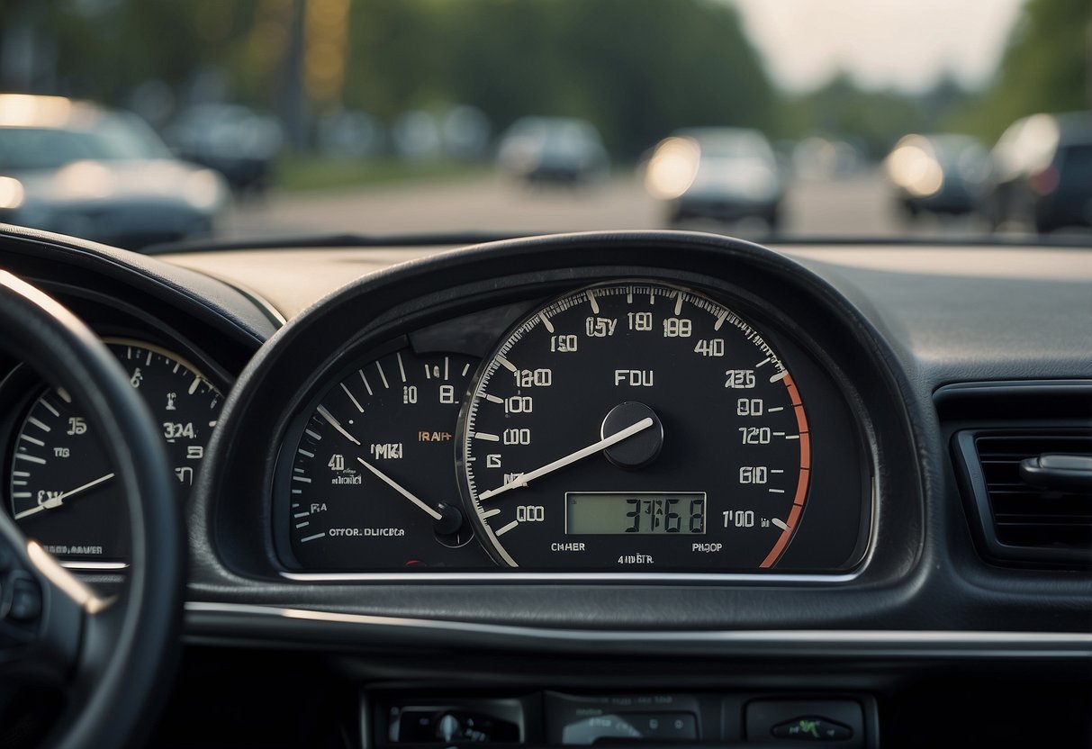 A dashboard with speedometer, fuel gauge, and temperature controls