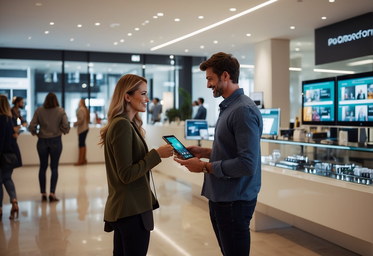 Customers interact with AI-powered virtual assistants, browsing personalized product recommendations and receiving tailored shopping advice in a sleek, modern retail environment