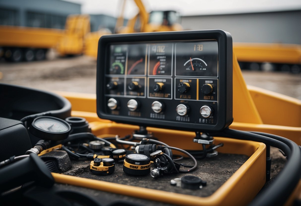 A construction site with a tall building in the background. Various tools and equipment scattered around. A dashboard with gauges and switches on a heavy-duty vehicle