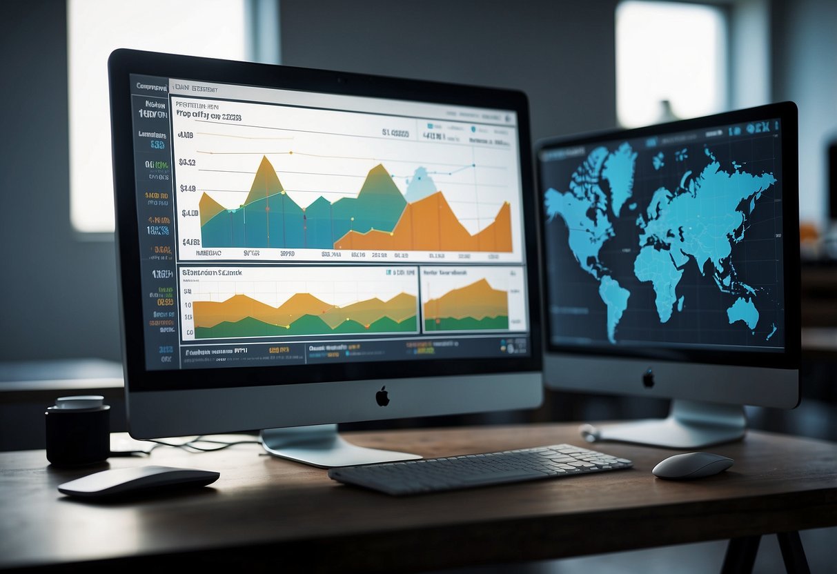 A computer screen displaying graphs, charts, and data visualizations representing different metrics and KPIs