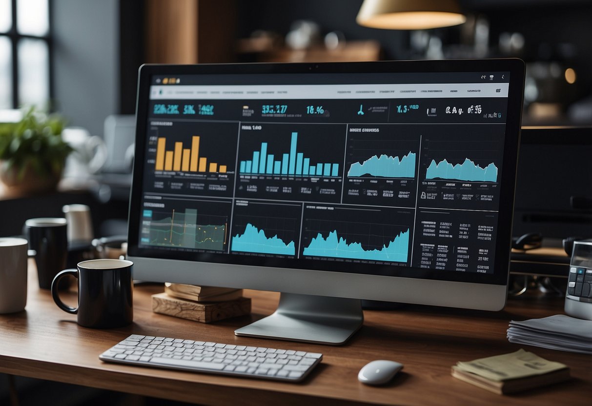 A computer screen displaying a digital dashboard with various charts, graphs, and data visualizations, surrounded by a clutter of sticky notes, pens, and a cup of coffee