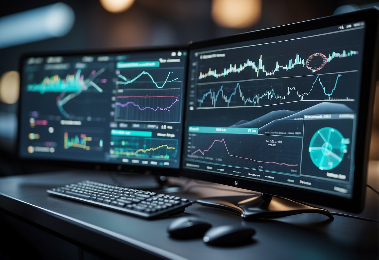 A computer screen with a dashboard displaying various data visualizations and charts, with interconnected lines and arrows showing data integration