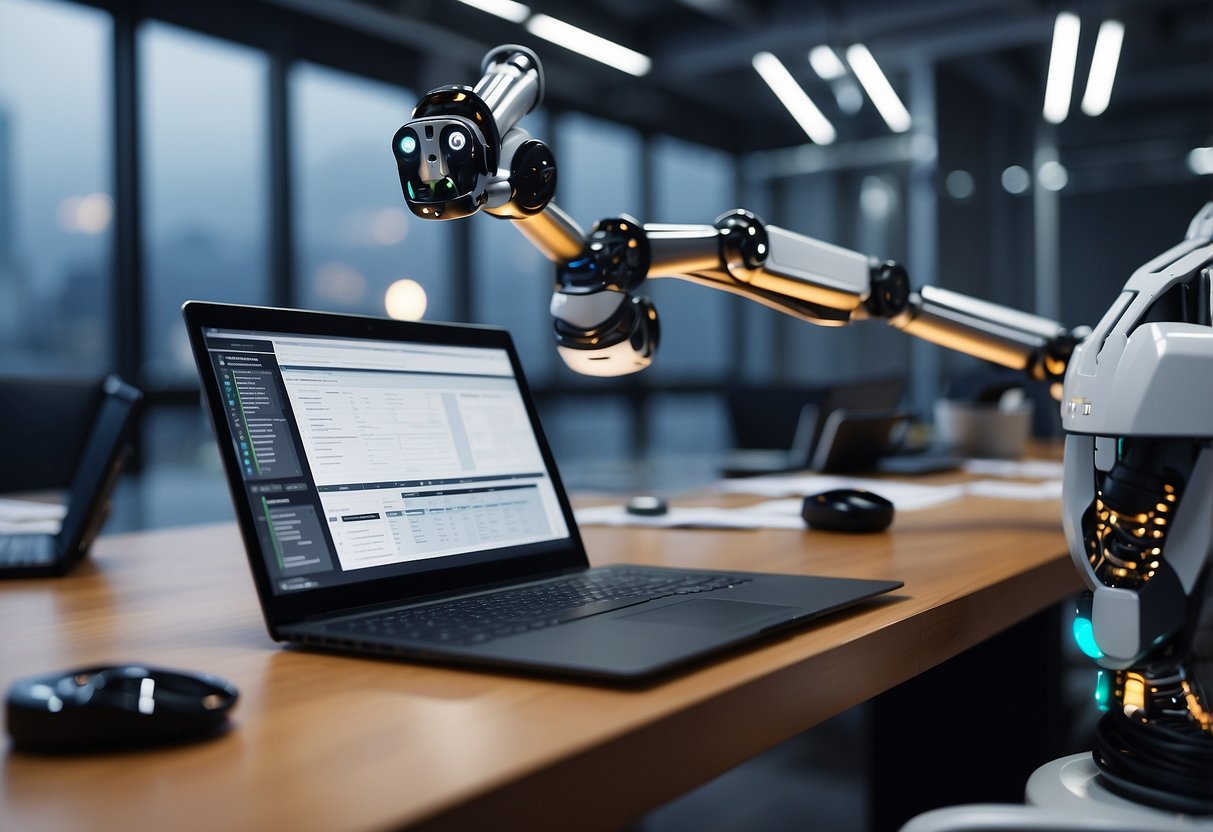 Robotic arms seamlessly input data into specialized accounting software, while automated systems reconcile accounts in the background