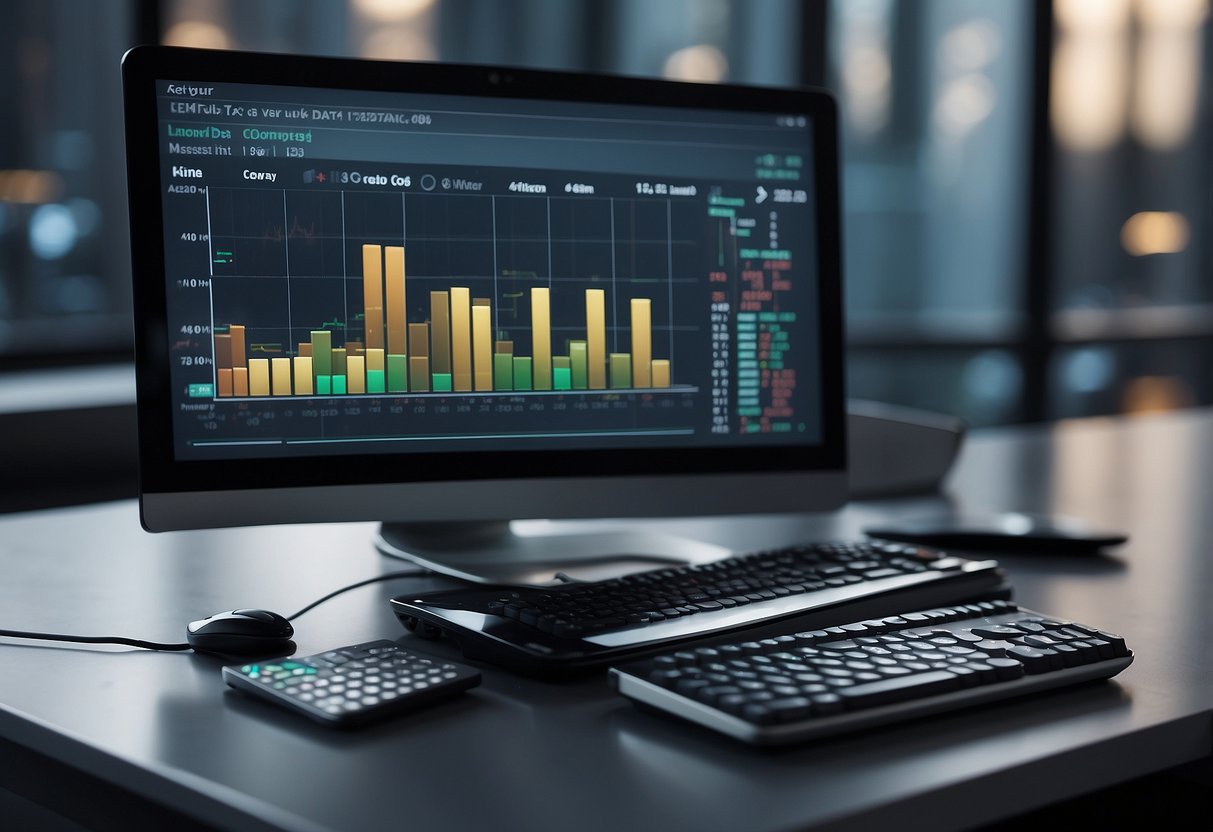 A computer screen displaying financial data being automatically processed by accounting software. A series of interconnected gears symbolizing the seamless automation of accounting processes