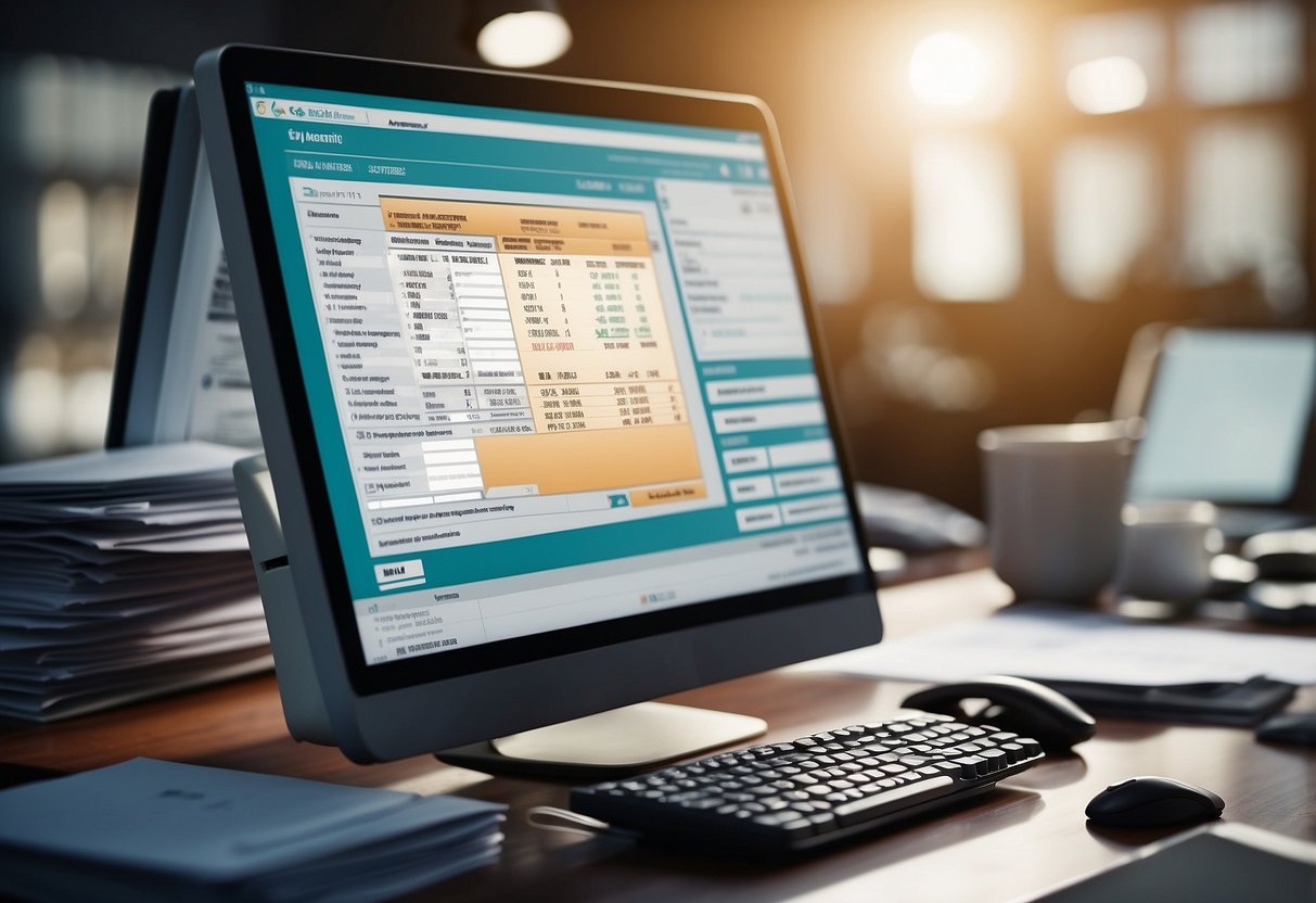 A computer screen displaying accounting software with automated processes and data entry. A stack of invoices and receipts are being scanned and processed digitally