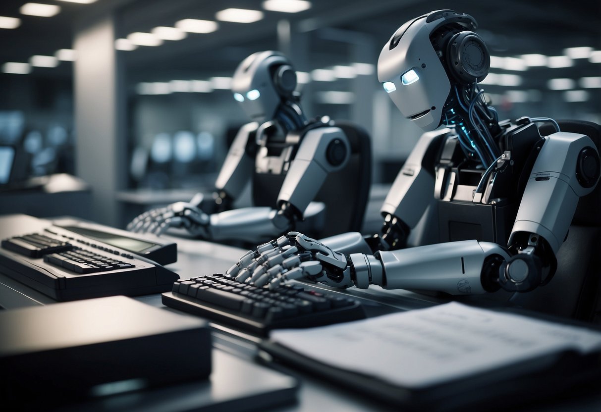 Robotic arms typing on computer keyboards in a modern office setting. Papers and files being scanned and processed by automated machinery