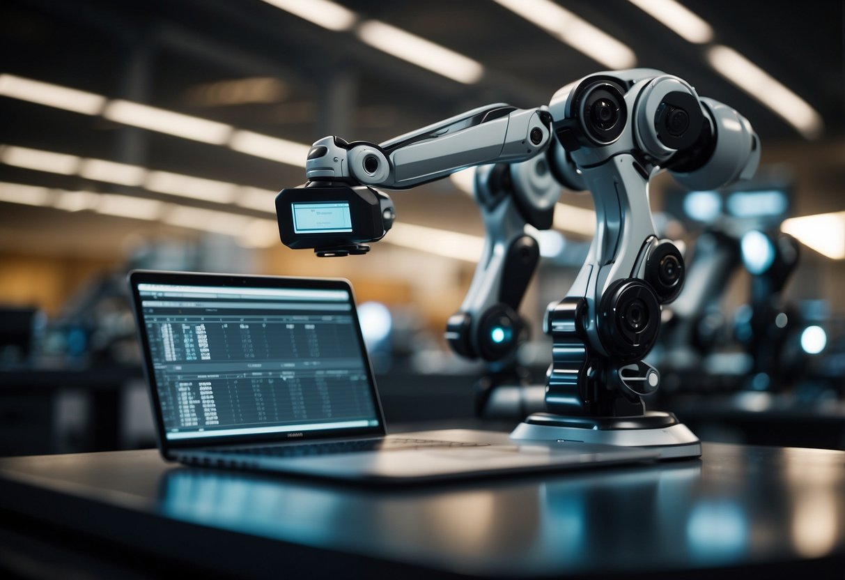 Robotic arms swiftly input data into accounting software, while drones scan and organize receipts. A central AI system oversees the entire process, streamlining and optimizing accounting tasks