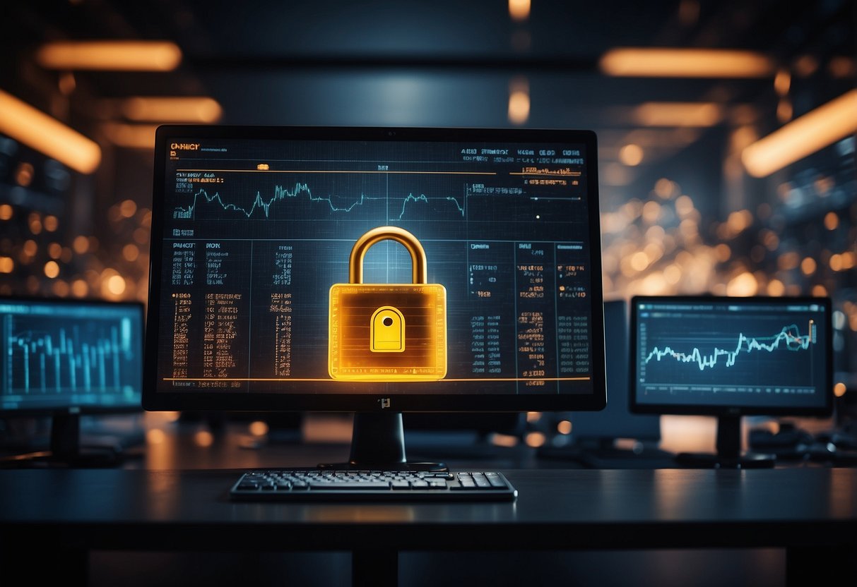 A computer screen displaying financial data with a padlock icon, surrounded by firewalls and security measures