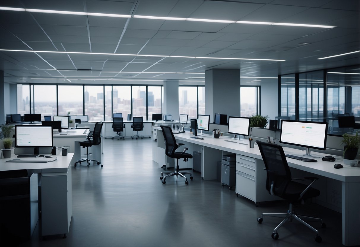 A sleek, modern office space with automated systems and machinery seamlessly streamlining tasks. Digital screens display real-time data and analytics, while robotic arms efficiently handle repetitive processes