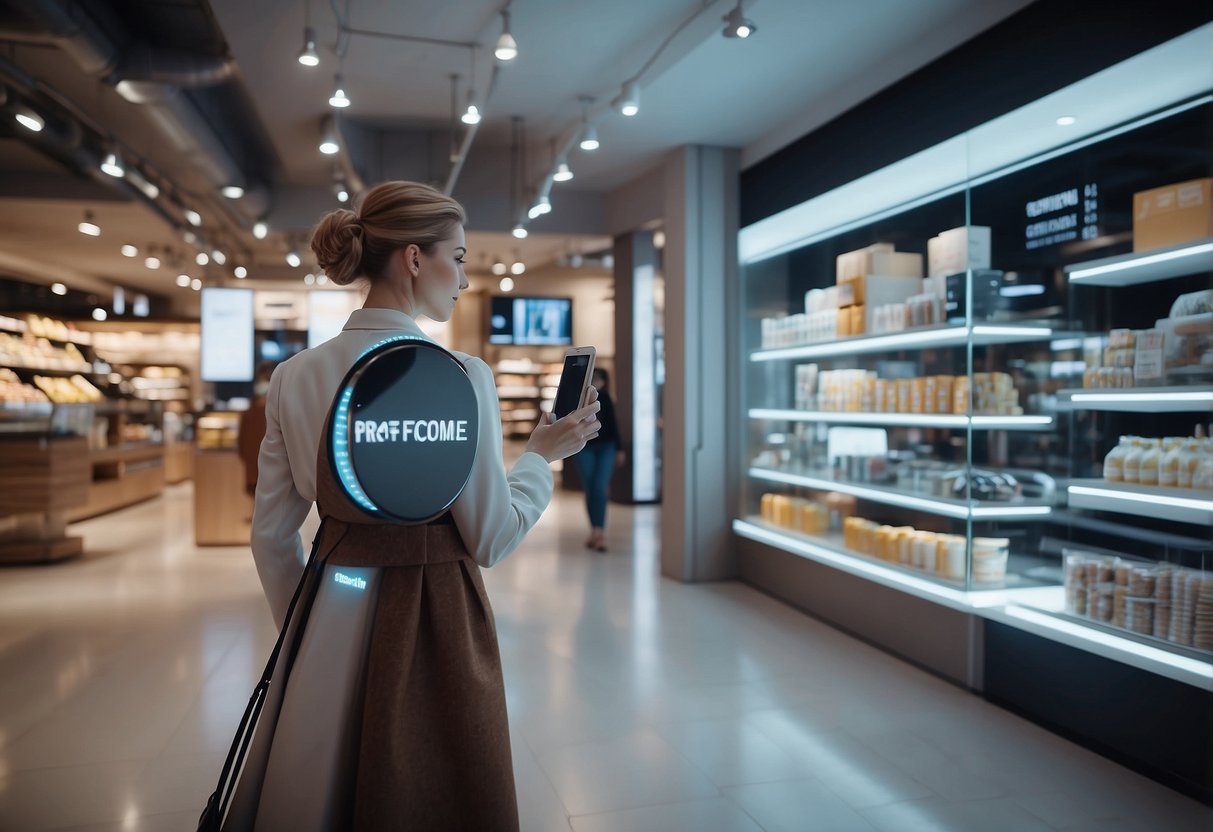 A futuristic AI-powered shopping assistant scans products in a virtual store, using advanced algorithms to make personalized recommendations