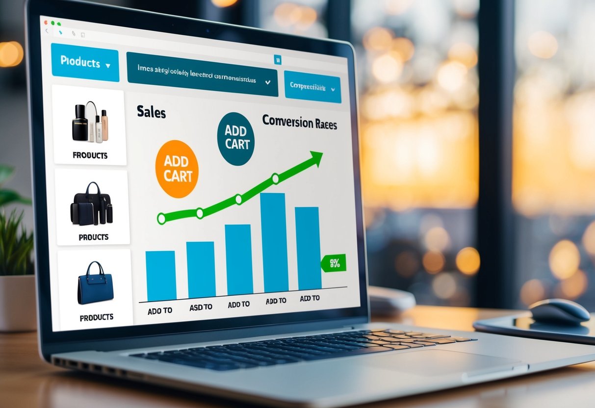 A computer screen showing a variety of products with "add to cart" buttons, alongside a graph showing increasing sales and conversion rates