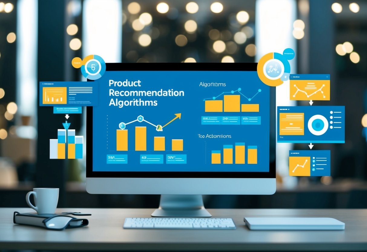 A computer screen displaying various product recommendation algorithms for ecommerce websites. Graphs and charts illustrate the top automations in action