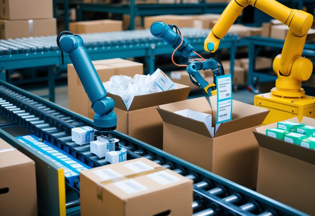 A conveyor belt moves packages towards a robotic arm sorting items into different categories. Another robot scans and labels products before placing them in shipping boxes