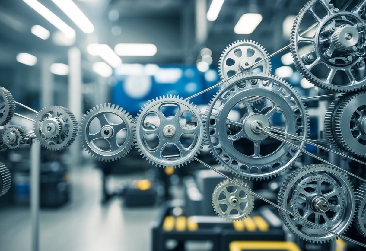 An intricate web of interconnected gears and pulleys, seamlessly working together to automate various processes within an ecommerce setting