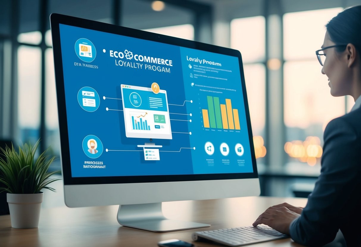 A computer screen displaying a series of automated processes for an ecommerce loyalty program. Icons and graphs indicate data analysis and customer engagement