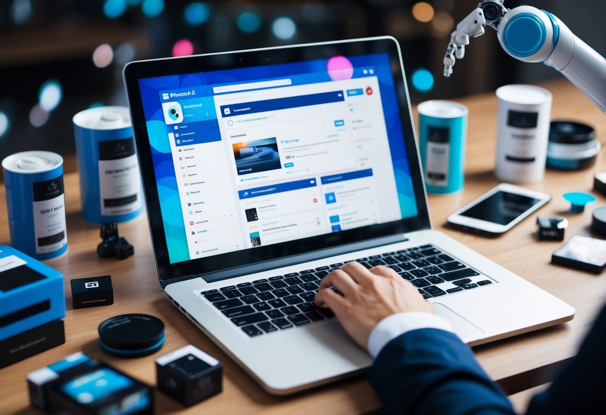 A laptop displaying a social media platform with scheduled posts, surrounded by various ecommerce products and a robotic arm typing on a keyboard