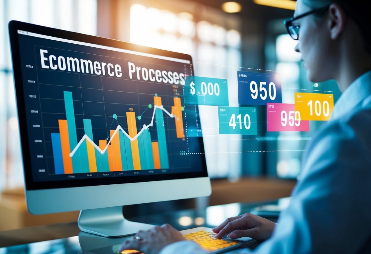 A computer screen displaying fluctuating price graphs and a series of automated processes adjusting prices in an ecommerce platform