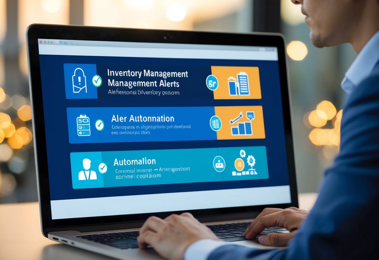 A computer screen displays inventory management alerts for an ecommerce platform, with various automation options highlighted