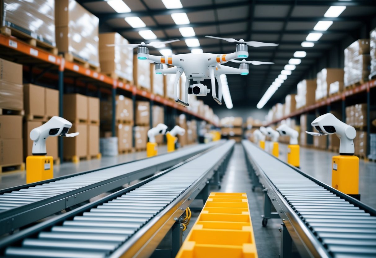 A bustling warehouse with automated conveyor belts, robotic arms, and delivery drones, all working together to fulfill orders during peak sales periods in ecommerce