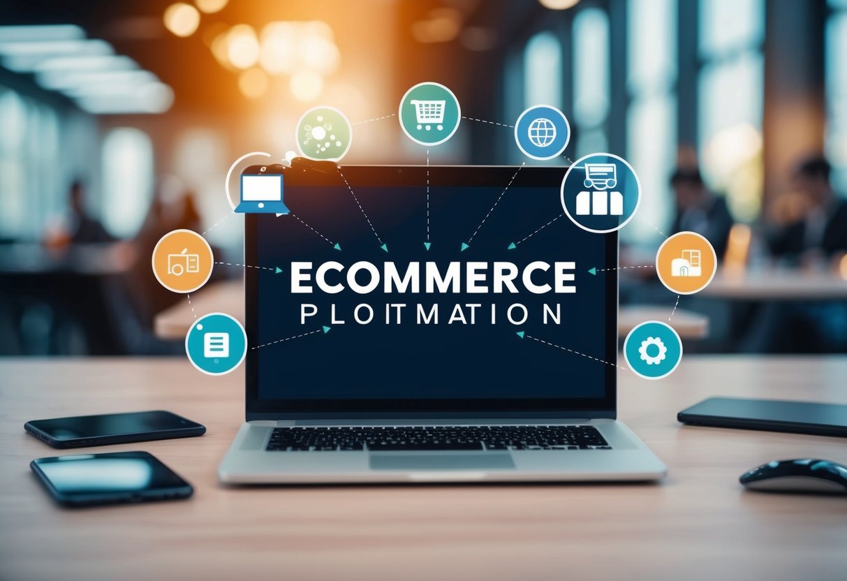 An ecommerce platform and various apps connect seamlessly in a workflow automation scene