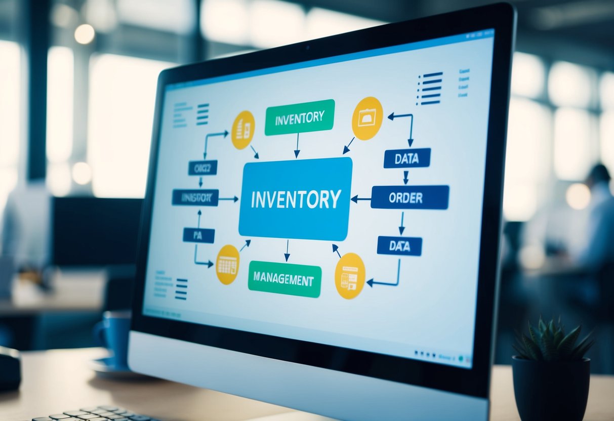 A computer screen displaying an automated inventory and order management system with interconnected arrows and data flow