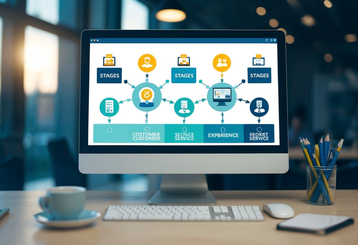 A computer screen displaying a series of interconnected icons representing different stages of the customer service and experience workflow in an ecommerce setting