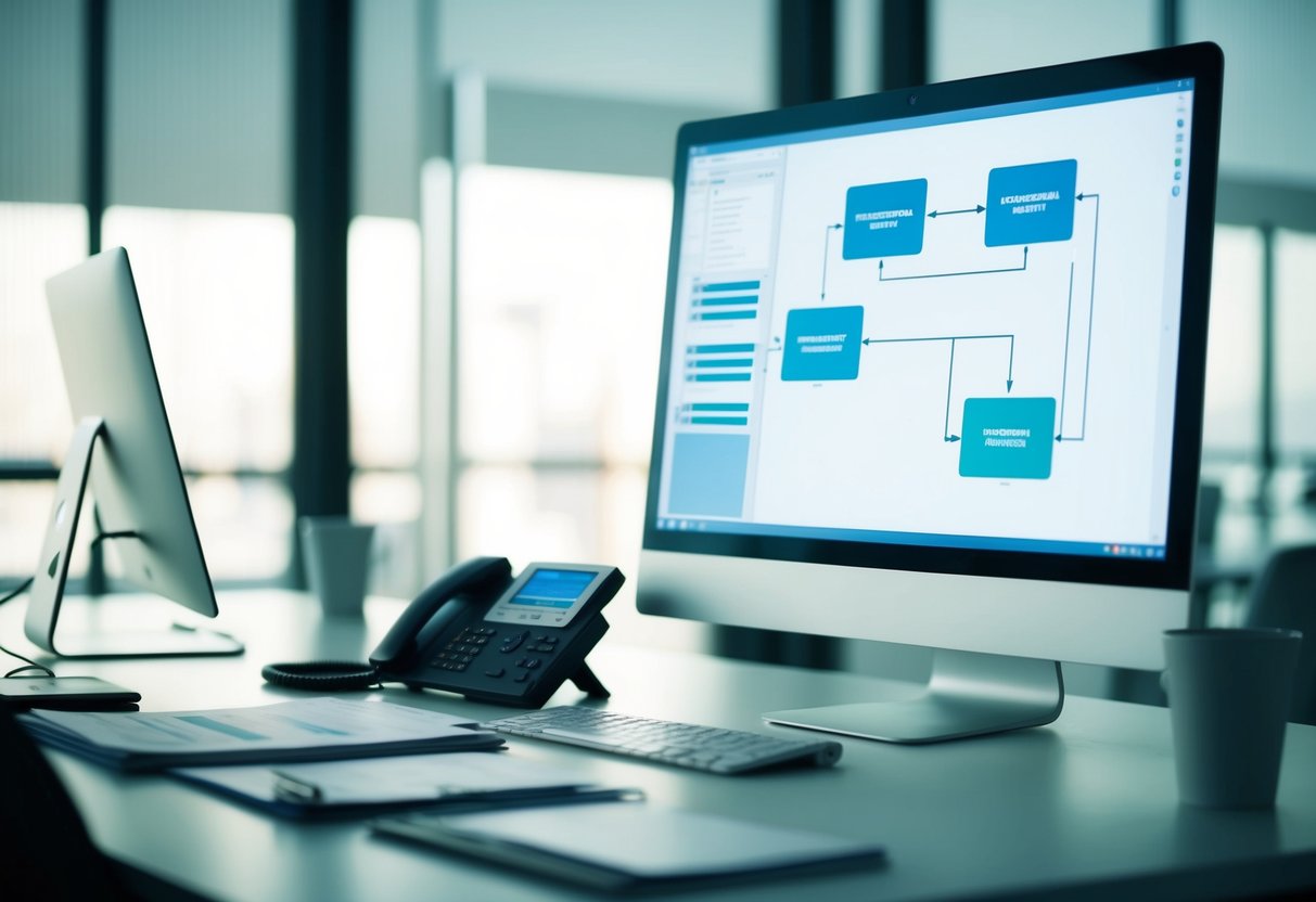 A modern office desk with a computer, phone, and paperwork. A flowchart or diagram on the screen. A streamlined and efficient workspace