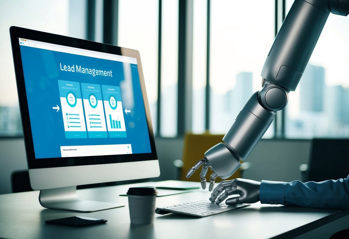 A modern office desk with a computer screen displaying a lead management dashboard. A robotic arm reaches out to press a button on the keyboard