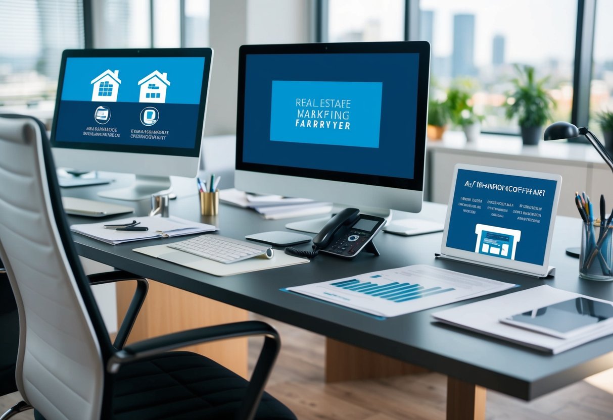 A modern office desk with a computer, phone, and paperwork, surrounded by real estate marketing materials and automation software