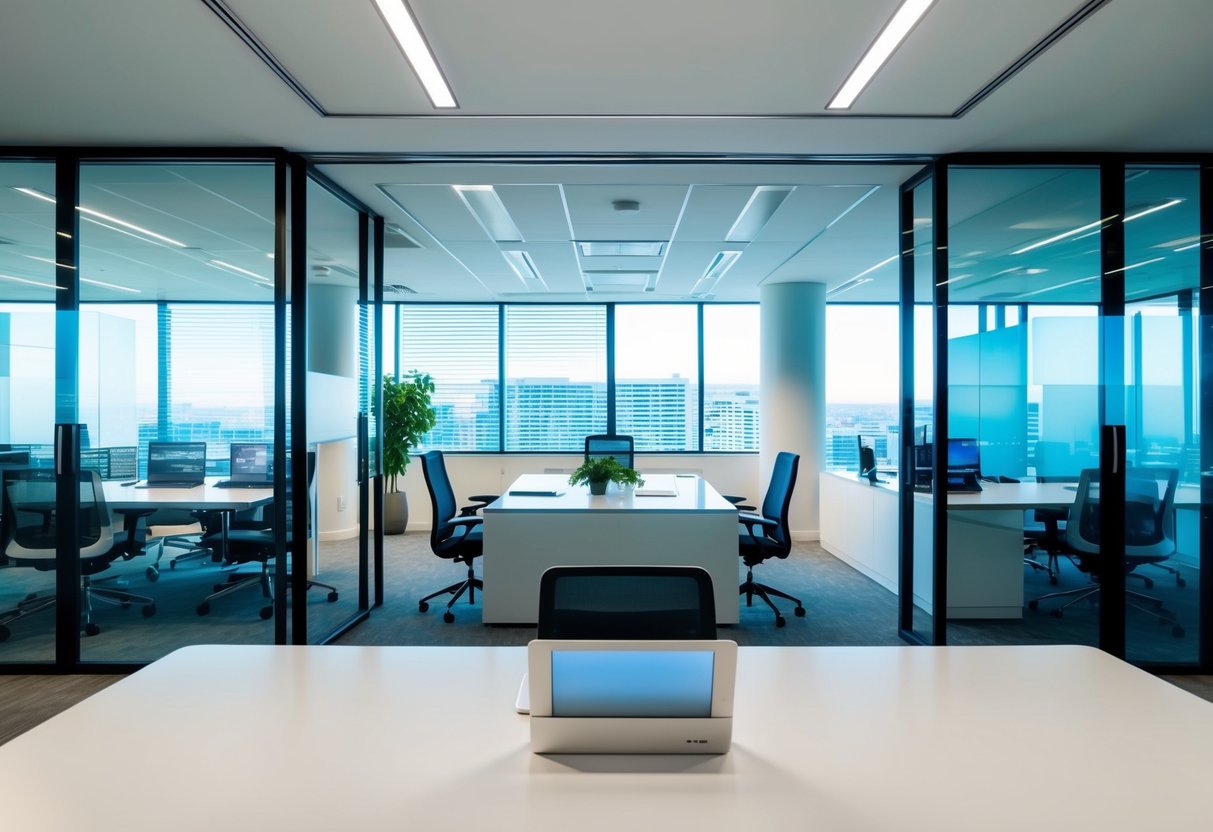 A sleek modern office with a streamlined workflow system, including digital platforms and automated processes, to ensure high standards of customer service in real estate