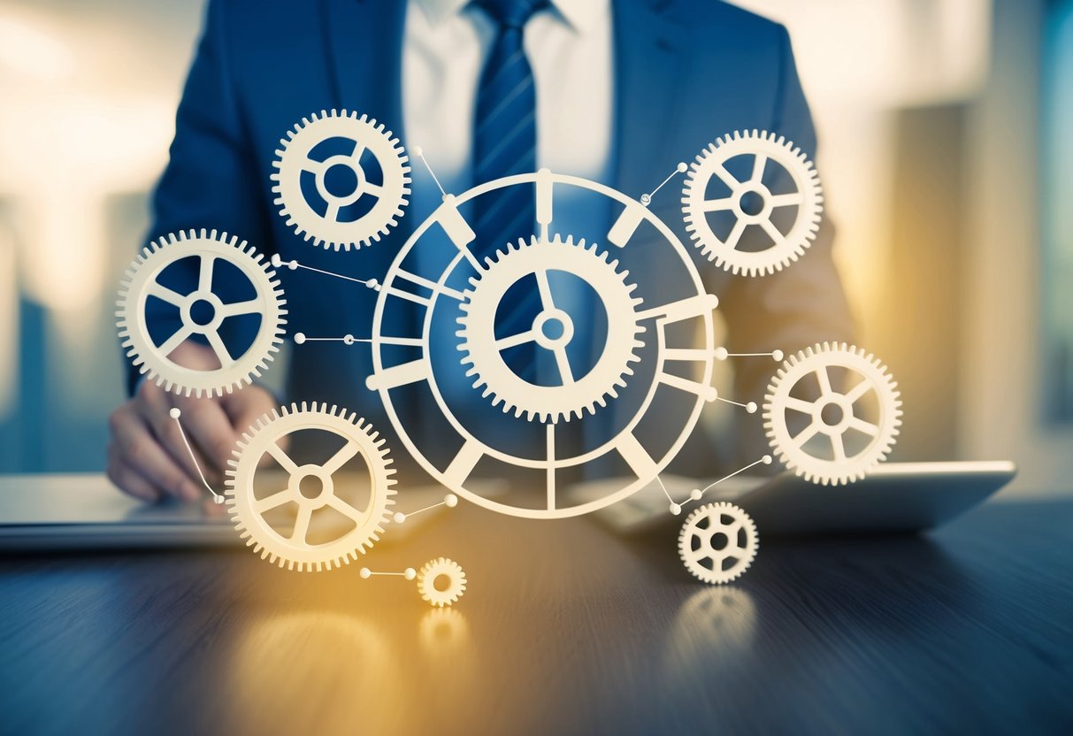 A group of interconnected gears and cogs symbolizing the seamless automation and coordination of tasks in a real estate team's workflow