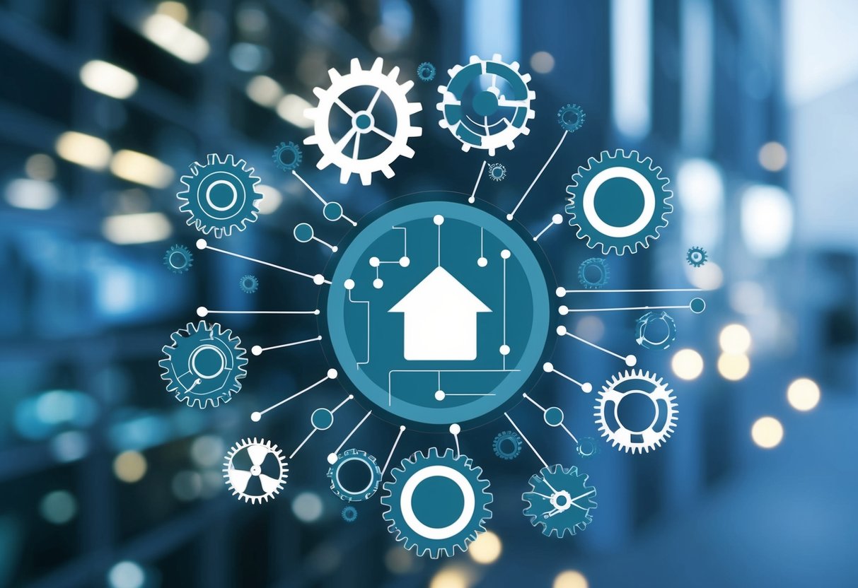 A network of interconnected gears and cogs, symbolizing the seamless integration of various tech tools in a real estate workflow