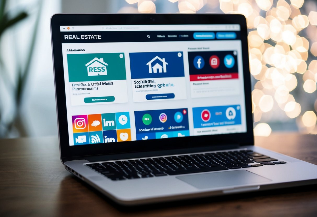 A laptop displaying various real estate social media platforms with automation tools and scheduling options