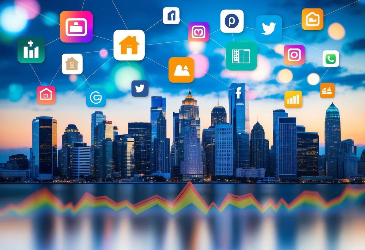 A bustling city skyline with vibrant social media icons and real estate images floating above, while productivity graphs and engagement metrics pulse below